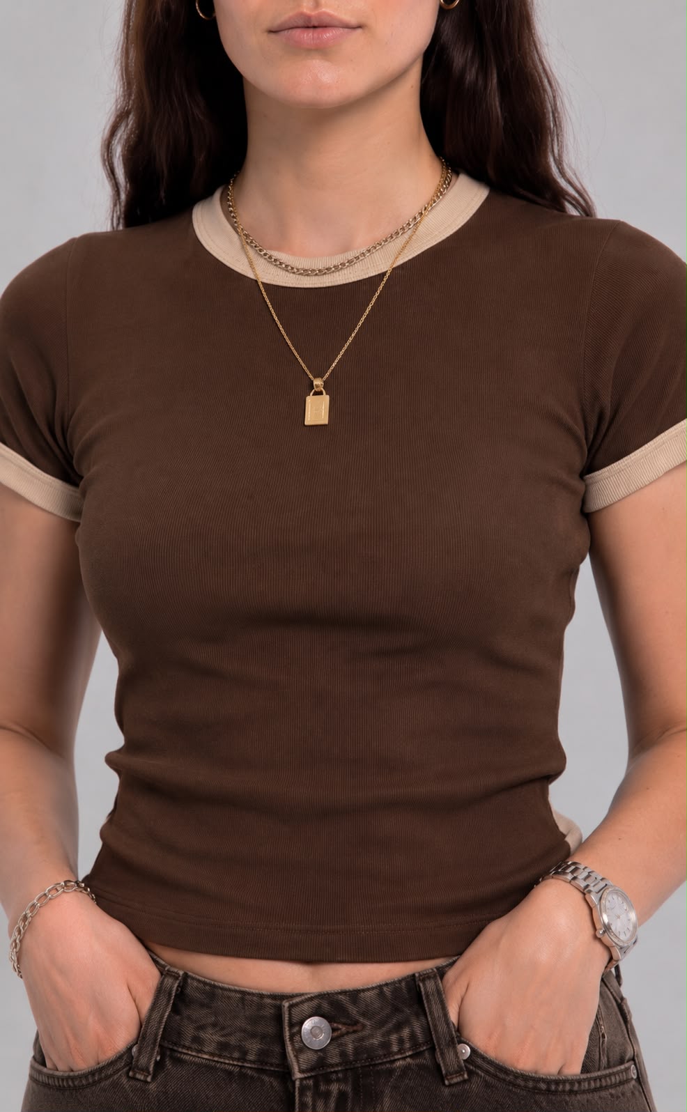 Brown X Beige ringer baby tee